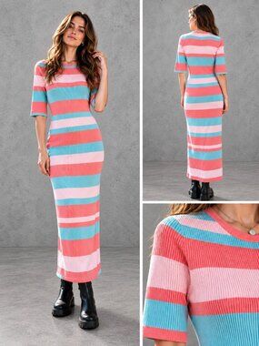 AQUA Pink Blue Striped Ribbed Knit Short Sleeve Maxi Dress S